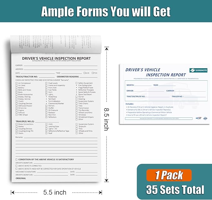 Detailed Driver's Vehicle Inspection Report, Daily Pre Trip Inspection Book for Trucker, 2-Ply Carbonless, 35 Sets of Forms per DVIR Log Book for Truck Drivers, 8.5" x 5.5", 1 Pack