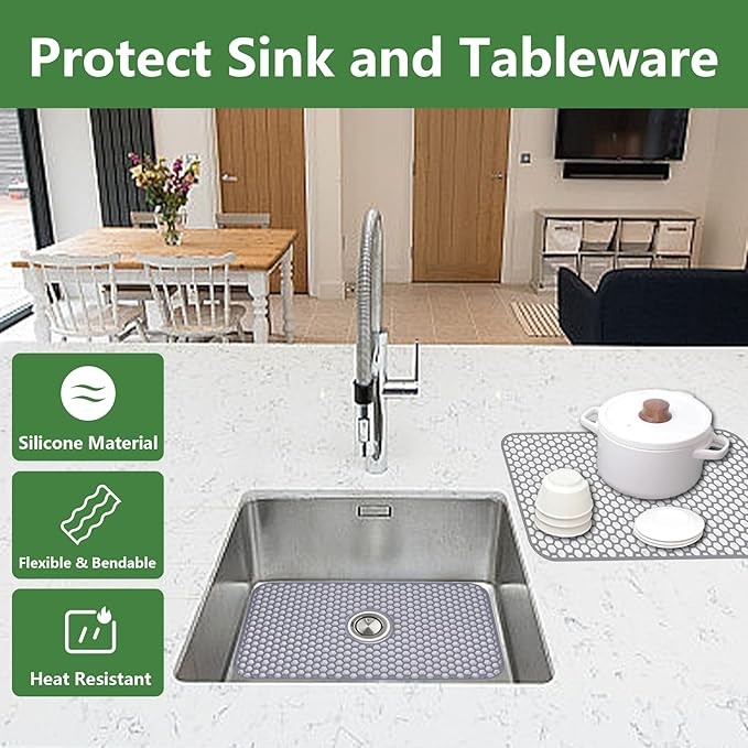 Silicone Sink Protectors for Kitchen Sink, 26"x14" kitchen Sink Mat Non-Slip Heat Resistant for Protection of Stainless Steel Sink and Tableware (Grey)