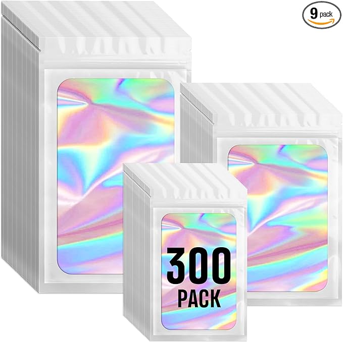 Funfery 300 Pack 3 Size Mylar Holographic Bags with Clear Window,Resealable Bag Smell Proof Foil Baggies Packaging Pouch for Food Storage,Sample,Small Business(White,3x4.7,4x6,4.7x7.9in)