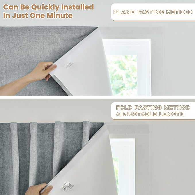 100% Blackout French Door Curtain,Adhesive, No Drilling Required,Small Curtains Designed for Installation On Doors (Light Gray - W25 × L72 in)