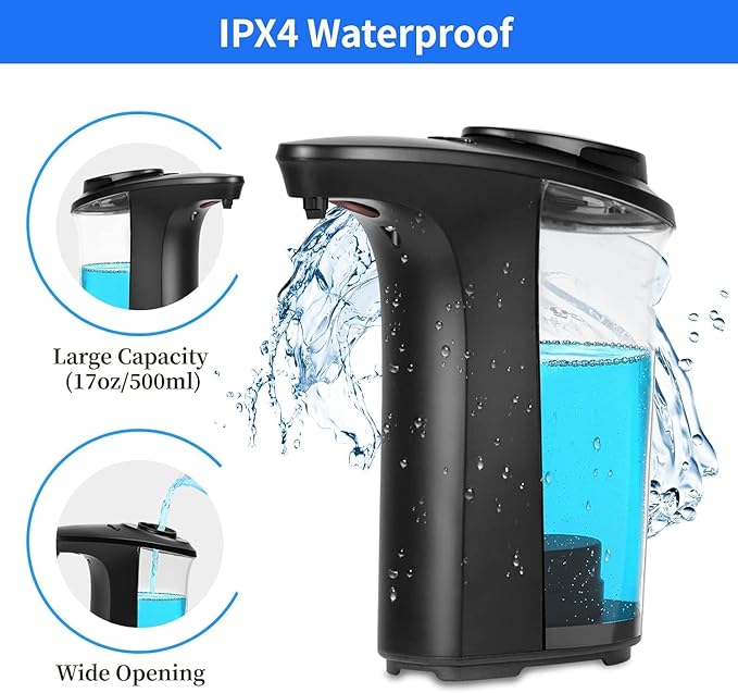 FKWin Automatic Soap Dispenser, Touchless Hand Soap Dispensers 17oz/500ml with 5 Adjustable Soap Levels, Kitchen Soap Dispensers, Liquid Hand Soap Dispenser Bathroom, Black