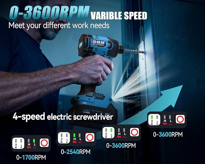 Tilswall 20V Cordless Impact Driver, 260Nm Torque Brushless, 4-Speed (0-3600 RPM), High Torque Impact Driver with LED Light, 1/4" Impact Driver, 4Ah Battery and 2.0Ah Fast Charger Included