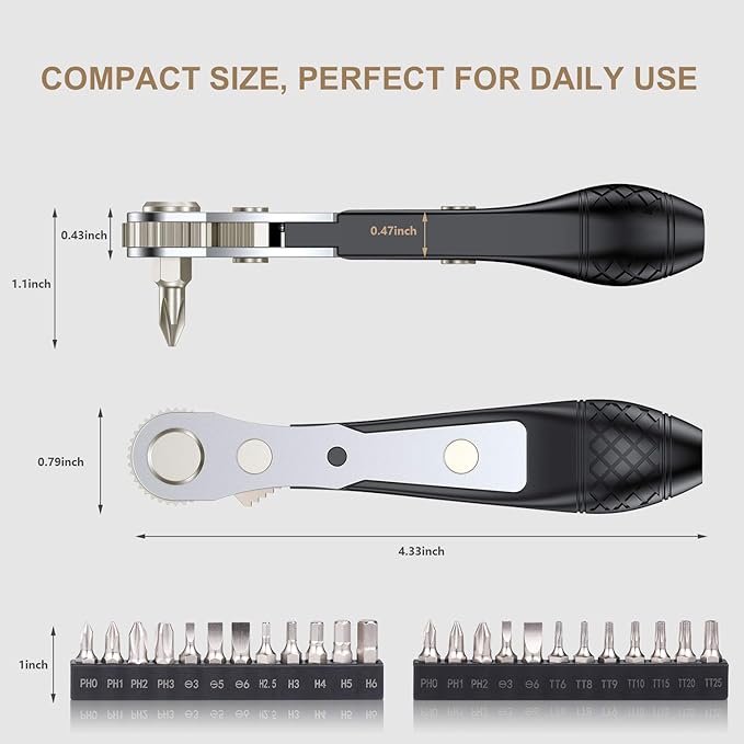 25in1 S2 Steel Mini Ratchet Wrench Screwdriver Bit Set with 1/4" Hex Shank Phillips/Slotted/Hexagon/Torx Bits, 36-Tooth Gear, Magnetic Bit Holder, 90 Degree Offset Reversible Drive Handle