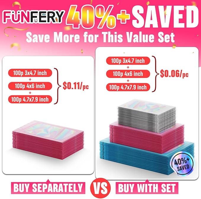 Funfery 300 Pack 3 Size Mylar Holographic Bags with Clear Window,Resealable Bag Smell Proof Foil Baggies Packaging Pouch for Food Storage,Sample,Small Business(White,3x4.7,4x6,4.7x7.9in)