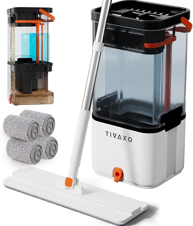 Mop and Bucket Set, Flat Mops and Bucket with Wringer Set System Automatic Separates Dirty and Clean Water, Wet and Dry Use Microfiber Mops for Wall Floor Cleaning (Mop Set with 4 Pads)