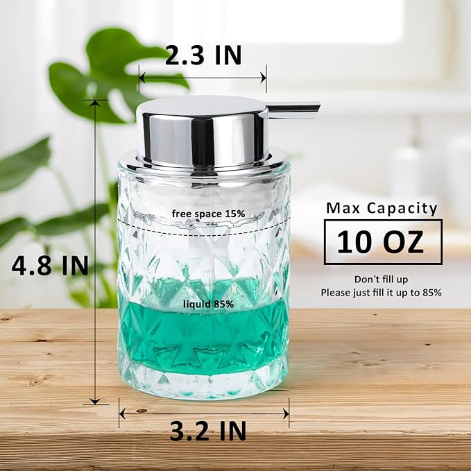 Bathroom Glass Soap Dispenser with Durable Rust-Proof Plastic Liquid Pump (Can't Foam) Hand Lotion Dispenser Antislip Shampoo Kitchen 10oz 2 Pack