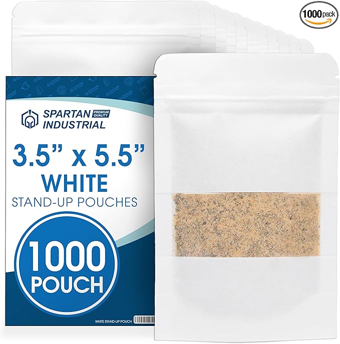 Spartan Industrial - 3.5" X 5.5" White Resealable Stand-Up Pouches - Pack of 1000 Small Smell-Proof Food Pouch Bags for Packaging, Pet Treats, Cosmetics, and More