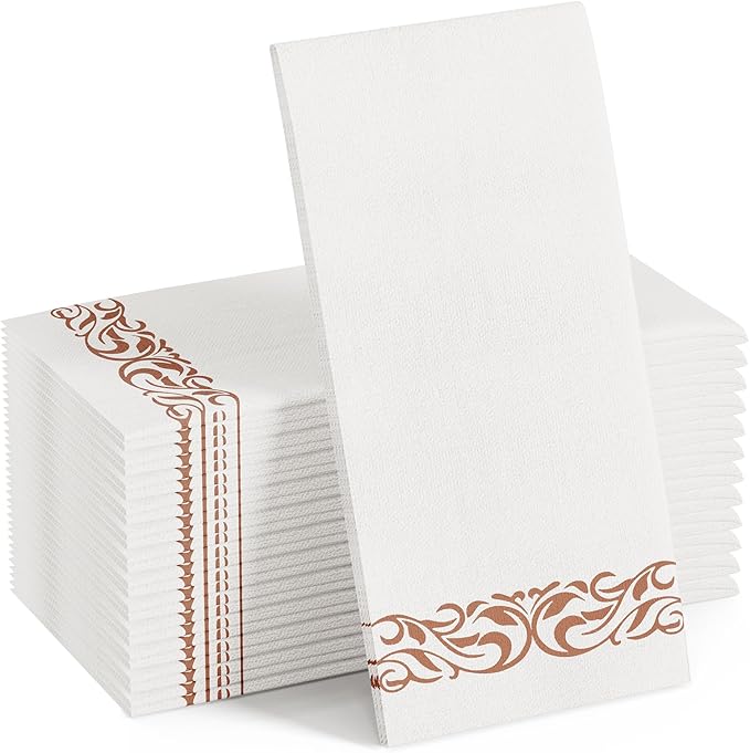 FOCUSLINE 100 Linen Feel Bathroom Napkins, Soft and Absorbent Disposable Guest Towels, Cloth-Like Paper Hand Towels Decorative Napkins for Dinners, Parties, Weddings or Events, Rose Gold, 12" x 17"