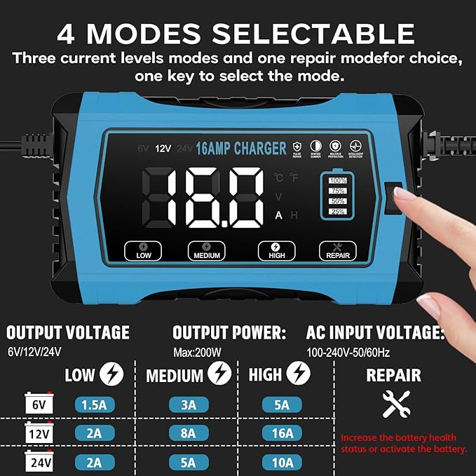 16 AMP Battery Charger, 6V/12V/24V Smart Car Battery Charger, Trickle Charger, Fully Automatic Chargers and Maintainer for Car, Motorcycle, Lawn Mower, Lead-Acid, Lithium, LiFePo4 Batteries