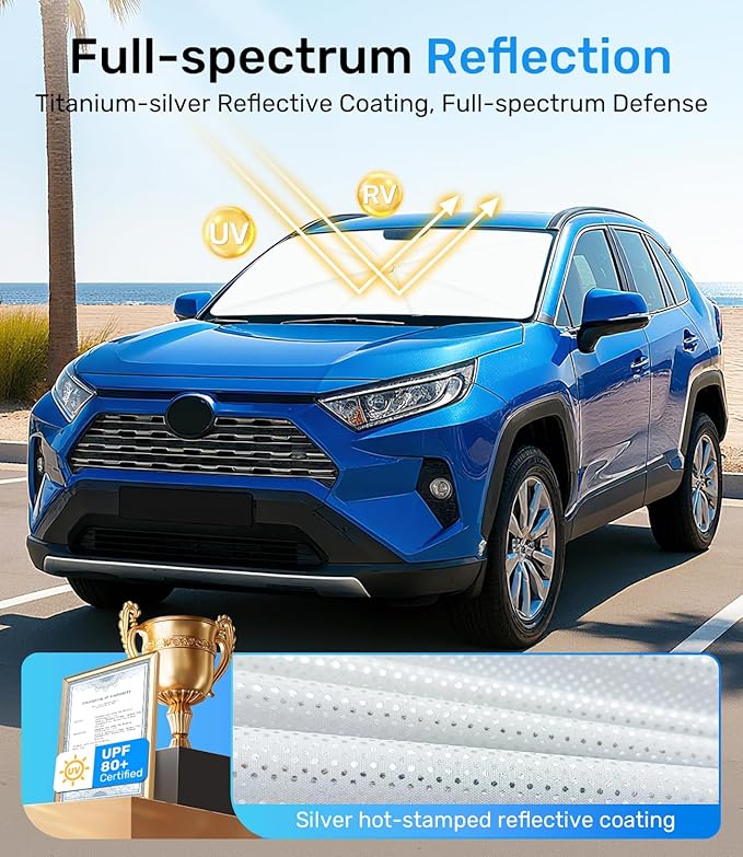 Zanch Upgrade Windshield Sun Shade, Custom Fit for Toyota RAV4 2019-2025 [Titanium-Silver Reflective Coating] Blocks 99% UV & Heat, Sunshade Umbrella for RAV4 2019 2020 2021 2022 2023 2024 2025