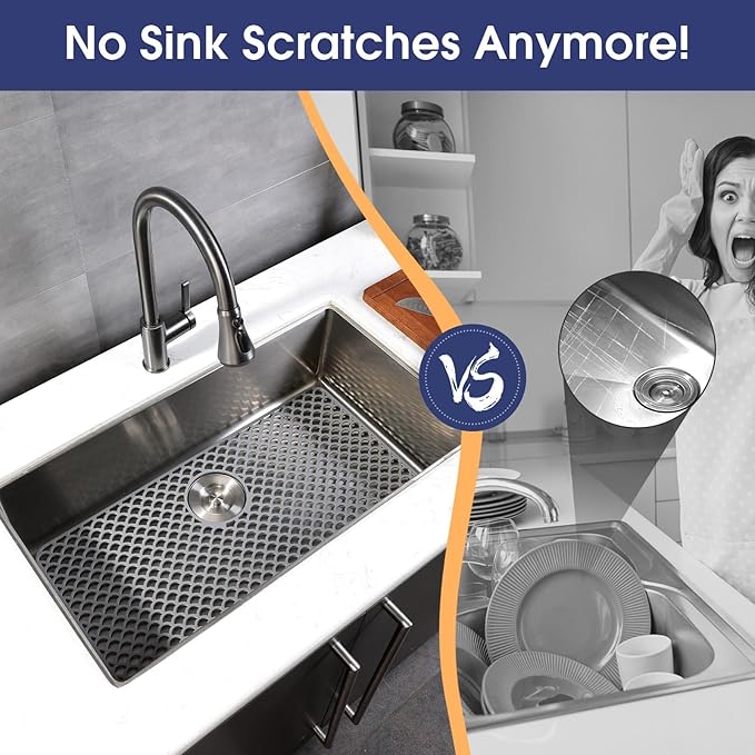 Silicone Sink Protector - 28"x15" Rear Drain Hole, Heat Resistant Non-slip Dishwasher Suitable, Large Sink Mat for Farmhouse Kitchen