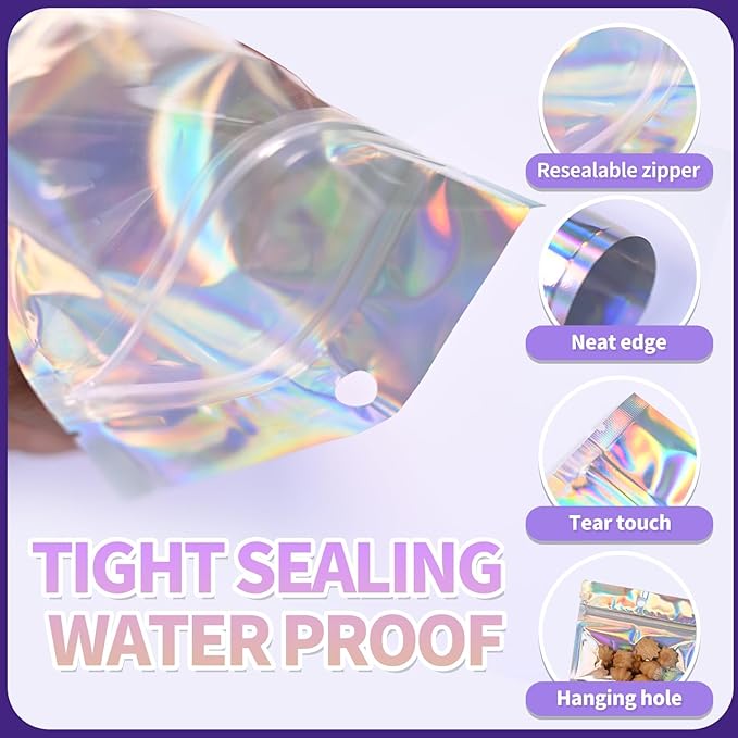 4"X6"120Pcs Resealable Holographic Aluminum Stand Bag for Small Business&Personal, Reusable Smell Proof Mylar Bags with Clear Window Ziploc Foil Pouch for Packaging,Jewelry,Nail Art,Makeup,Candy,Snack