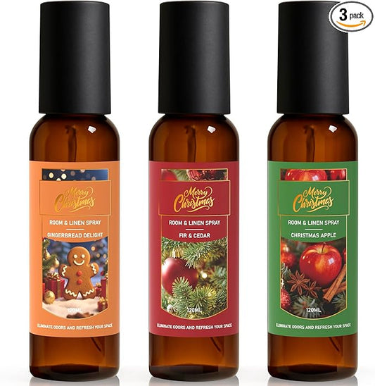 Linen and Room Spray, Fir & Cedar, Gingerbread, Christmas Apple, Long-Lasting Air Freshener for Home, Bedding, Concentrated Room Fragrance Spray, Odor Eliminator, 3 x 4.06 fl oz