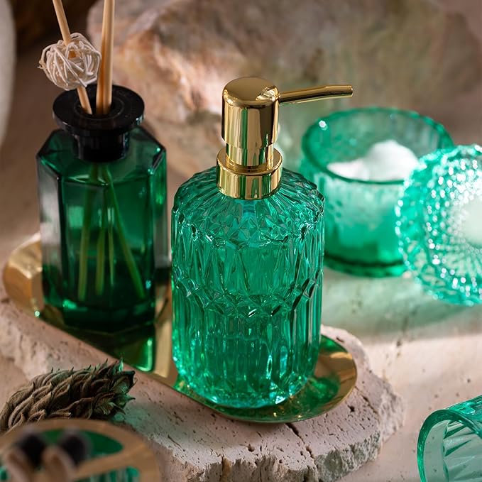 EMPO Clear Glass Soap Dispenser with ABS Plastic Pump, Crystal Lotion Dispensers for Kitchen Sink, Bathroom (Vintage Jade)