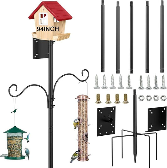 94 Inch Bird Feeder Stand, Heavy Duty Bird House Pole With Shepherds Hooks, Adjustable Mount Kit for Garden, Wild Birds Watching, Water Feeder