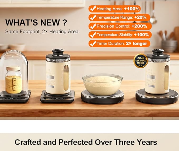 Sourdough Starter Warmer with Larger Glass Dome Set – Precision 1°F Temp Control (70–100°F), 12H Timer, Auto On/Off, for Reliable Fermentation of Sourdough Starters Giftset-WOD