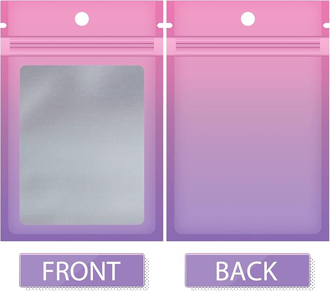 Funfery 100 Pcs Resealable Smell Proof Bags for Food Storage,Clear Cute Mylar Bags for Small Business Foil Pouch Zipper Packaging Bag for Sample Jewelry Eyelash Gloss(Pink Purple,5.9×8.6in)