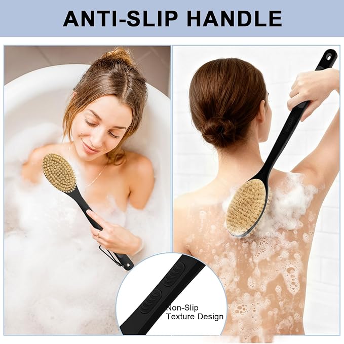 Back Scrubber, Back Scrubber for Shower, Bath Brush Long Handle for Shower with Double Sided Bristles for Wet or Dry Brushing (Black)