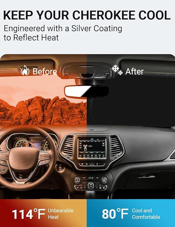 Proadsy Windshield Sun Shade for Jeep Cherokee 2014-2024 2025 (Not for Jeep Grand Cherokee) 4-Layer Foldable Front Sunshade Protector Sun Visor Blocks UV Rays Keep Car Cooler