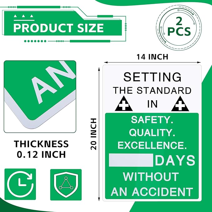 2 Pcs Plastic Days Without Accident Sign 20" x 14" Write a Day Sign Setting the Standard in Safety Quality Excellence Safety Is the Priority Quality Is Standard(English)