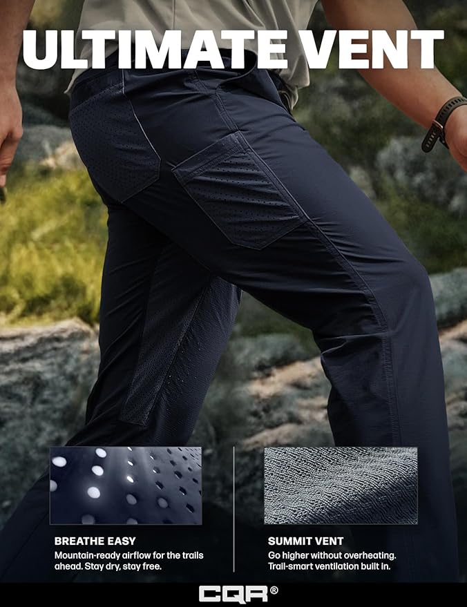 CQR Men's Lightweight Vent Hiking Pants, Water-Resistant & Breathable Sports Outdoor Athletic Pants with Elastic Waist