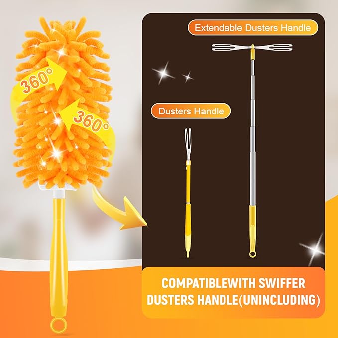 Reusable Duster Refill for Swiffer Duster Refill, 360° Heavy Duty Duster Refills Kit, 5 Pack with 1 Handle Microfiber Ceiling Fan Dusters for Cleaning（Orange, 5PCS）