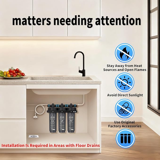 Under Sink Water Filter System,NSF Certificated,3-Stage Filtration,Water Purifier for Kitchen,Reduces PFAS,PFOA/PFOS,Fluoride,Chlorine,Bad Taste & Odo,Drinking Water Filter, Black,F02 3 Filters.