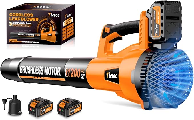 Tietoc Leaf Blower Cordless, 1200W Brushless Electric Leaf Blower with 2 X 5.0Ah Battery, 6 Speed Powerful Leaf Blowers for Garden, Patio, Lawn Care, Gift for Men Dad Husband Fathers Gardener (Orange)