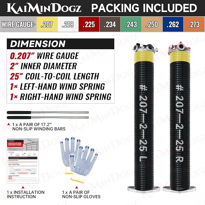 Pair of 2" Garage Door Torsion Springs Set with Non-Slip Winding Bars & Gloves, High Quality Precision Electrophoresis Black Coated, for Replacement & Installation, MIN 16,000 Cycles (0.207x2''x25'')