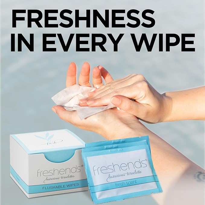 Freshends Flushable Individually Wrapped Wipes – 50 Bulk Pack Luxurious Towelettes, Guest Bathroom Essentials for Weddings, Restaurants, Bars & Clubs – Blue, Travel-Size, Disposable