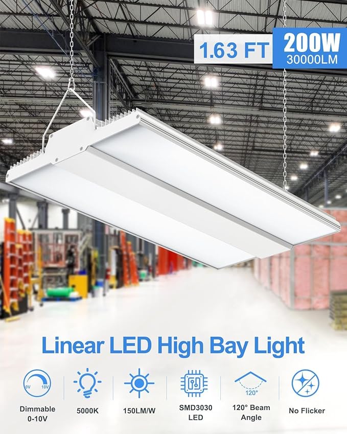 ADUB 4 Pack 200W LED High Bay Shop Light 30000LM, 1.63 FT LED Linear High Bay Light Dimmable 0-10V, 5000K Hanging Shop Light, UL DLC Listed Commercial Bay Light for Warehouse Factory Garage, 100-277V