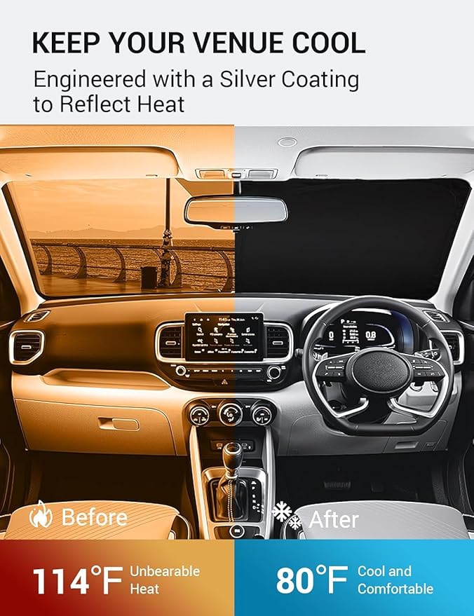 Proadsy 2025 Upgrade Windshield Sun Shade Custom Fit 2020-2023 2024 2025 Hyundai Venue Foldable Front Sunshade Protector Sun Visor Blocks UV Rays Keep Car Cooler