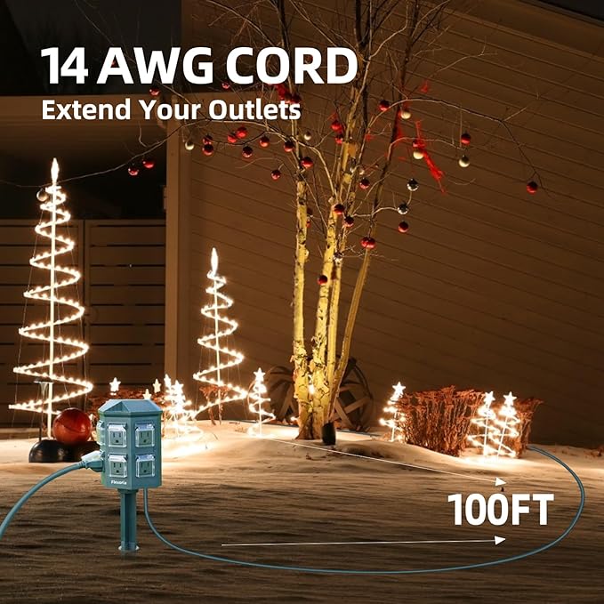 Outdoor Power Stake Timer, Remote Control Dusk to Dawn Light Timer, 100 FT Extension Cord Waterproof, 6 Grounded Outlets for Outdoor Christmas Decorations, ETL Listed