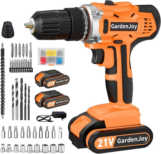 GardenJoy 20v Cordless Drill Set, Power Electric Kit 2 Batteries With Charger 30Nm 2-Speed 3/8" Keyless Chuck 24+1 Position Drill Driver screwdriver Bits with LED Electric Work Light for DIY
