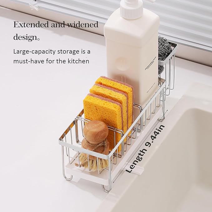 Silver Sponge Holder for Kitchen Sink, Sink Caddy Organizer with High Brush Holder, Kitchen Countertop Organizers and Storage Essentials, Rustproof 304 Stainless Steel, Soap Dispenser Organize