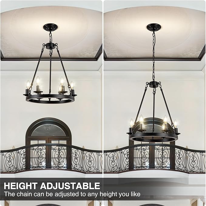 Wagon Wheel Chandelier, 6-Light Black Modern Rustic Farmhouse Chandelier Adjustable Height Pendant Kitchen Light for Ceiling Hanging Dining Room, Living Room, Entryways, Foyer