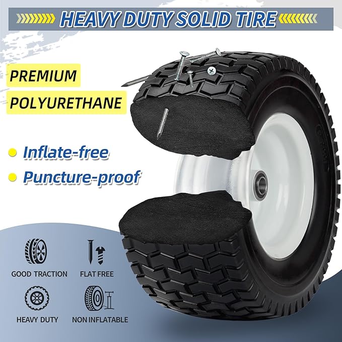 13x6.50-6 Tire and Wheel, 13x6.5-6" Flat-free Lawn Mower Tires, 3”-6.5“ Centered Hub, 3/4" or 5/8" Bearing, Universal Fit Garden Tractor Front Wheels, 4 Ply, V-Turf Pattern, 2 Pack
