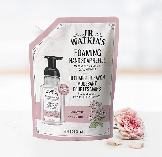 J.R. Watkins Foaming Hand Soap Refill, Moisturizing Foam Hand Wash, Formulated with Plant-Based Cleansers, Alcohol-Free, Cruelty-Free, Rosewater, 28 fl oz, 2 Pack