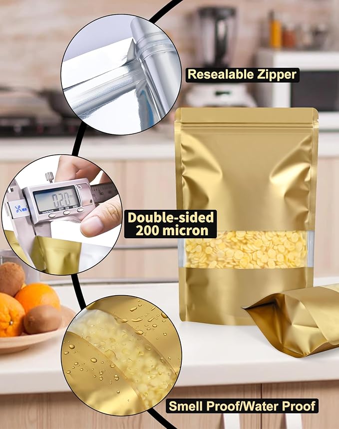 FireKylin 100 Pack Smell Proof Bags 5.5" x 7.8", Resealable Bags with Matte Window, Foil Pouch Stand Up Sealable Bags for Packaging（Gold）