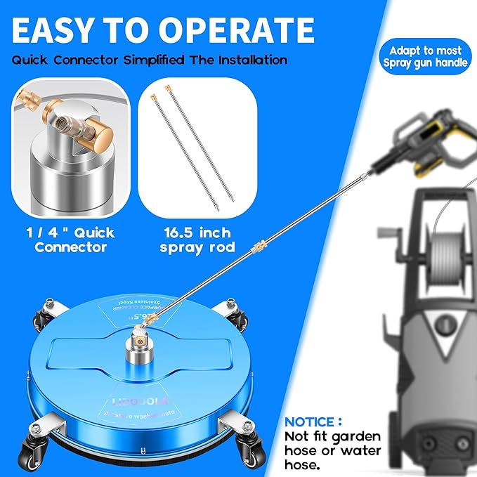 16.5" Pressure Washer Surface Cleaner with 4 Wheels - Coated Blue Stainless Steel Surface Cleaner for Pressure Washer Attachment for Concrete, Driveway, Patio, Sidewalk, Deck and Driveways - PWS165