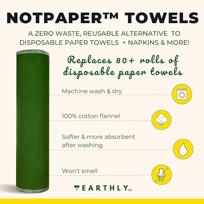 Reusable Paper Towels - 10 Pack - Roll of Washable Cotton Cloth Paper Towels - Paperless Reusable Napkins Cloth Washable - Absorbent + Long Lasting - Zero Waste Products - (Green)
