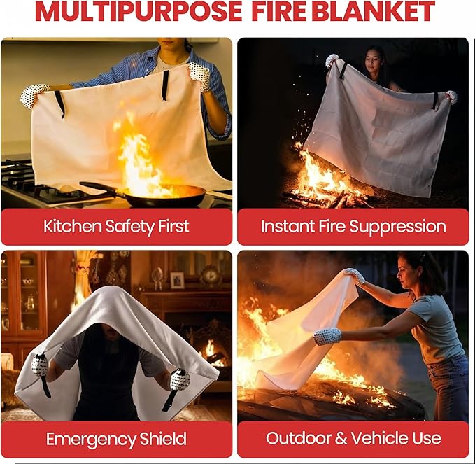 Emergency Fire Blanket 40x40 Inch - 5 Pack Fiberglass FireBlanket with Hook & Gloves | Fire Safety Blanket for Kitchen, Home, Garage, Camping