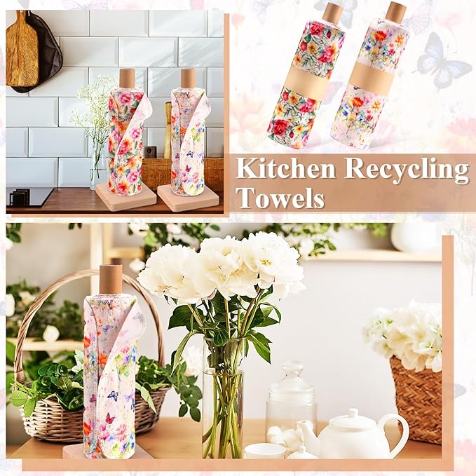 Redbaker 50 Pcs Reusable Paper Towels Paperless Reusable Cotton Cloths Toilet Absorbent Washable Paper Towels with Roll Kitchen Dishcloth for Kitchen Paperless Dishcloths(Retro Flower)