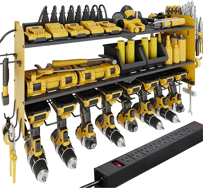 Suchtale Power Tool Organizer Wall Mount,Drill Organizer,33.2" Garage Storage,8 Drill Holders,3 Layers Heavy Duty Metal Shelf with 8 Outlets Power Strip, Christmas Gifts for Dad,Husband,Yellow