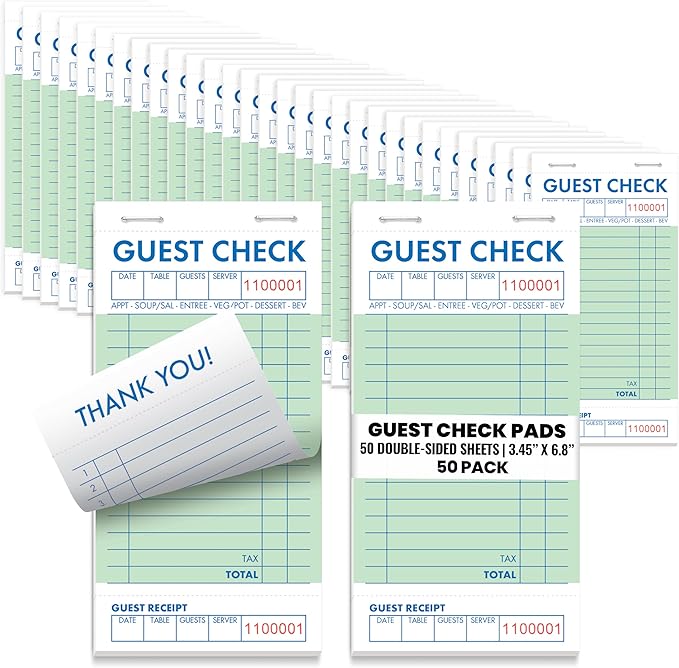 Guest Check Pads, Waitress Notepad for Restaurants, Server Pads, 50 Double-Sided Perforated Sheets, 2500 Total Sheets, 6.8" x 3.4", by Better Office Products (50 Pack)