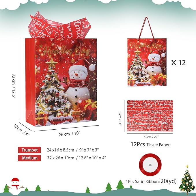 Rusikia 12 Christmas Gift Bags with 12 Tissues and 1 Satin Ribbon, Red Party Favor Bags Bulk with Handles, Glittery Cute Tree Snow-man Paper Bag for Xmas Holiday Birthday Wedding (Small 9"x7"x3")