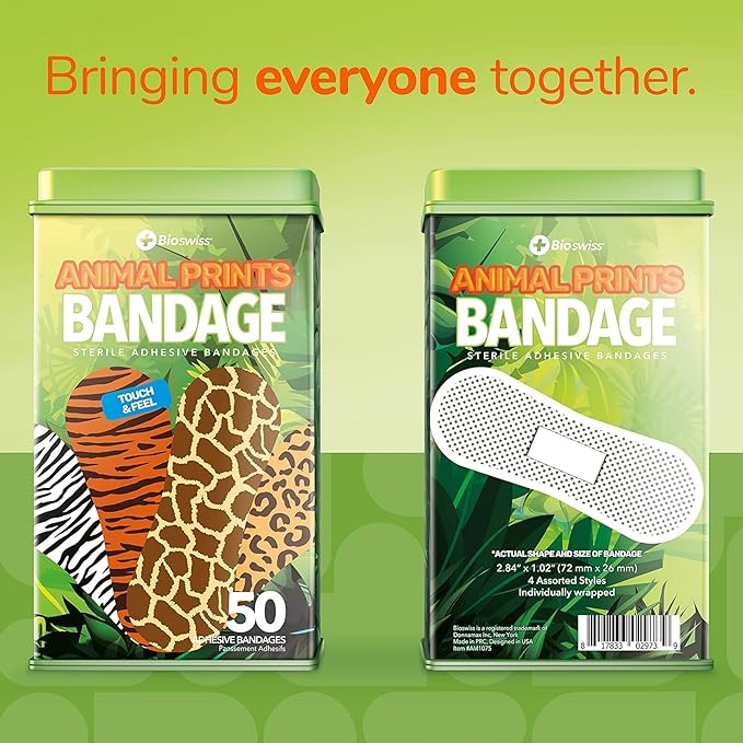 BioSwiss Kids Bandages, Animal Print Shaped Self Adhesive Bandage Set, Latex Free Sterile Wound Care, 50 Count