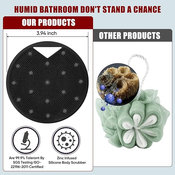 Anti Zinc Infused-Silicone Body Scrubber – Lymphatic Brush Exfoliating Body Scrubber for Shower Body,with Stiff and Soft Bristles for Anti-Puffiness,Blood Circulation - Black