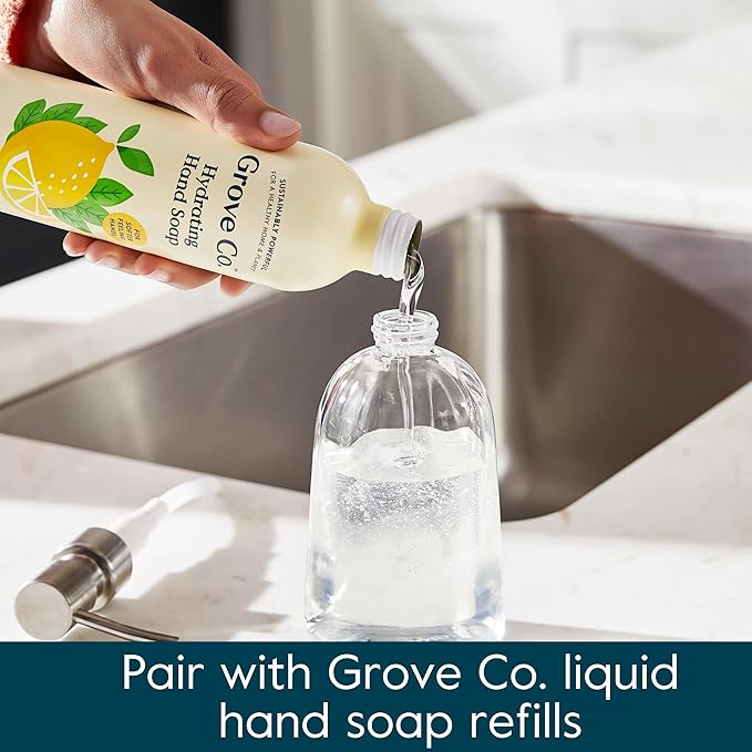 Grove Co. Gel Hand Soap Dispenser (13.5 Oz) 2 x Refillable Glass Bottles with Stainless Steel Pump, Reusable Liquid Soap Refill Set, Square Base, Reduce Plastic Waste Bundle