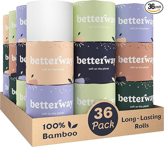 Betterway Bamboo Toilet Paper 3 Ply - Sustainable Toilet Tissue - 36 Long-Lasting Organic Rolls & 360 Sheets Per Roll - Septic Safe - Plastic & PFAS Free - FSC Certified